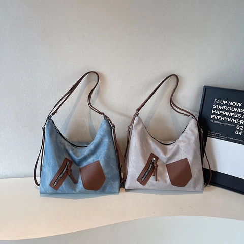 Bolso De Hombro Vintage De Gran Capacidad Color En Contraste Lona Cuero PU Retro Hobo Tote Para Mujer Diario Moderno