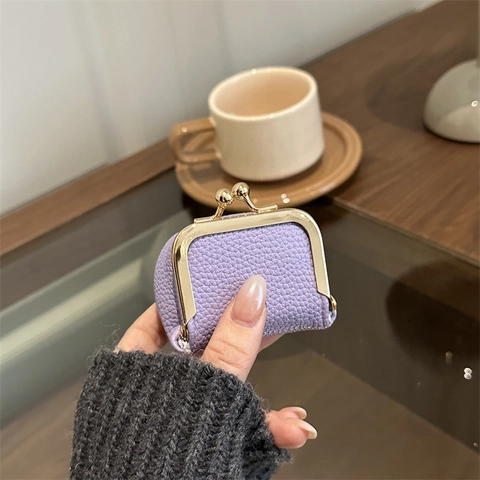 Mini PU Leather Kiss-lock Coin Purse Litchi Pattern Jewelry Storage Bag Retro Metal Frame Small Wallet For Women Gift