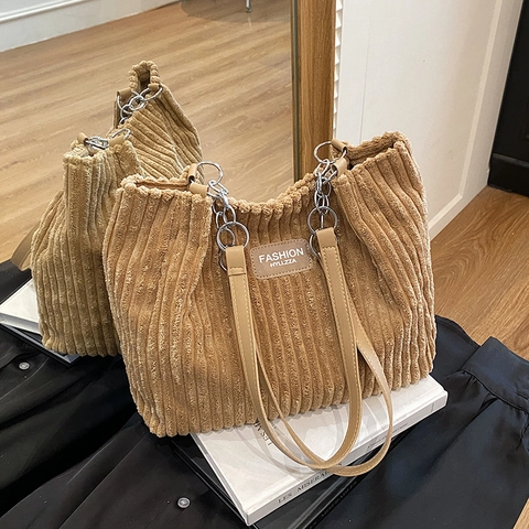 Women Corduroy Tote Bag Large Capacity Vintage Chain Shoulder Strap Casual Commuter Handbag Underarm Bag