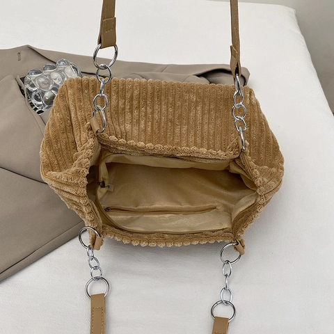 Women Corduroy Tote Bag Large Capacity Vintage Chain Shoulder Strap Casual Commuter Handbag Underarm Bag