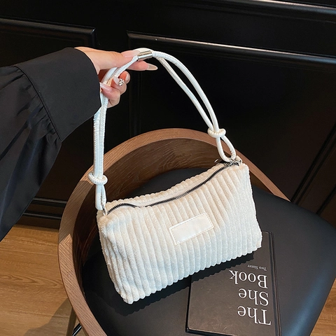 Vintage Corduroy Underarm Bag Women Knotted Strap Shoulder Handbag Simple Rectangular Zipper Small Fashion Retro Purse