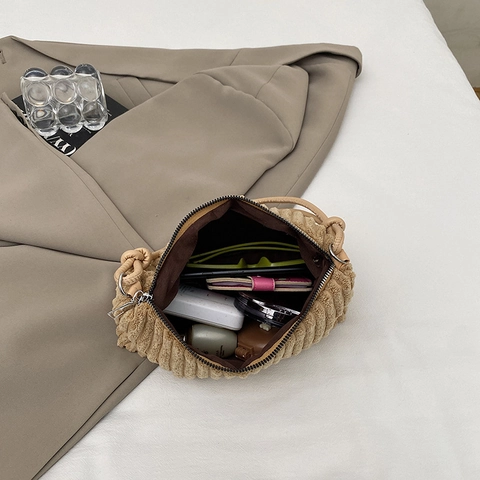 Vintage Corduroy Underarm Bag Women Knotted Strap Shoulder Handbag Simple Rectangular Zipper Small Fashion Retro Purse