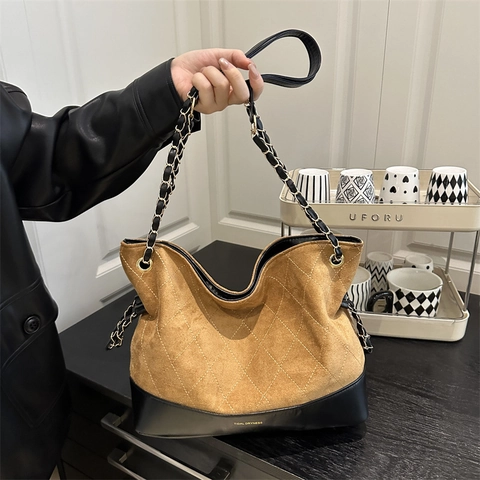 Borsa Tote Da Donna Camoscio Pelle PU Splicing Grande Capacità Trapuntata A Rombi Tracolla Catena Moda Vintage