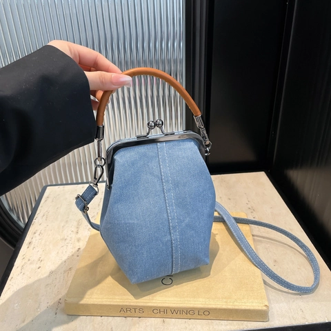 Vintage Denim Τσάντα Bucket Με Κούμπωμα Kiss Lock Ρετρό Τσάντα Για Γιατρούς Crossbody Με Χερούλι Και Ραφές Για Γυναίκες