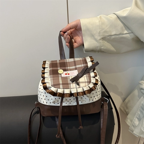 Sweet Japanese Style Mini Backpack Checkered Pattern Star Print Ribbon Bow Knot Patchwork Small Rucksack For Women Girls