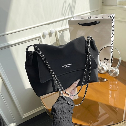 Bolso Bandolera de Mujer Minimalista de Gran Capacidad de Cuero PU Bolso de Hombro con Cadena de Moda Color Sólido Solapa