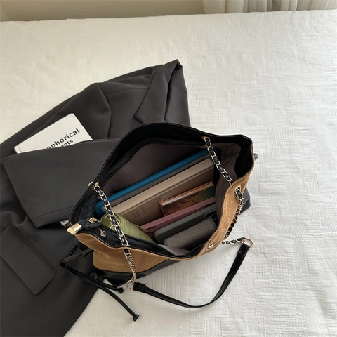 Vintage Corduroy PU Patchwork Tote Bag Rhombus Quilted Large Capacity Commuter Metal Chain Shoulder Strap For Women