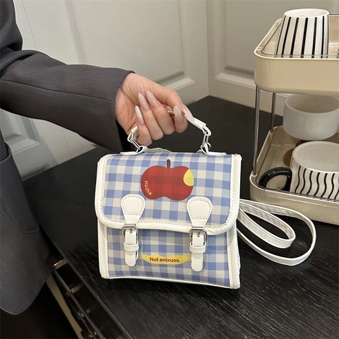 Mini Zainetto Borsa A Mano Carino Gingham Quadri Stampa Mela Rossa Pelle PU Tessuto Stile Giapponese Piccola Borsa Scuola Casual