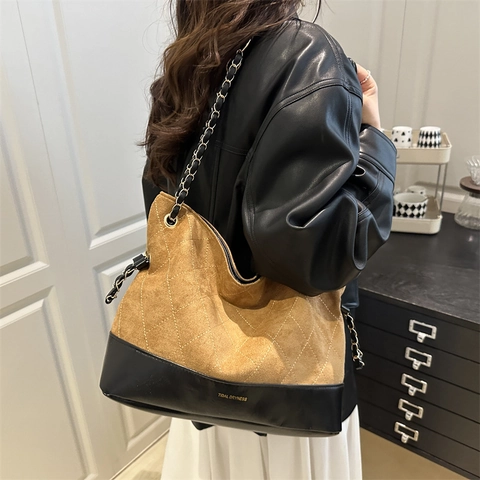 Borsa Tote Da Donna Camoscio Pelle PU Splicing Grande Capacità Trapuntata A Rombi Tracolla Catena Moda Vintage