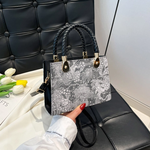 Damen Vintage Jacquard Umhängetasche Elegante Florale Stickerei Handtasche Mit Geflochtenem Griff Und Goldener Hardware