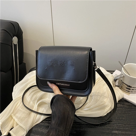 Women Fashion PU Leather Small Square Flap Crossbody Bag With Cartoon Embossed Design Versatile Shoulder Bag Simple Style