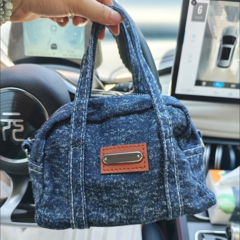 Vintage Washed Denim Handtasche Retro Kontrastnaht Mini Bowling Tasche Mit Lederpatch Dekor Für Damen Casual