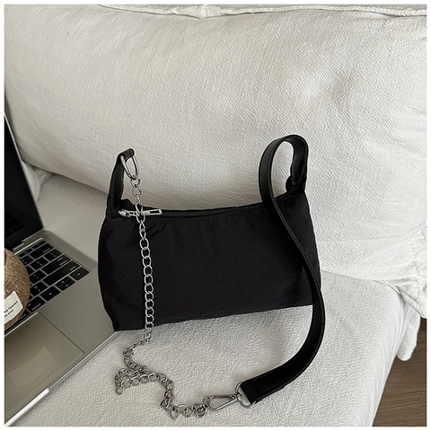 Pleated Nylon Hobo Bag For Women With Silver Metal Chain And Leather Strap Casual Simple Baguette Shoulder Bag