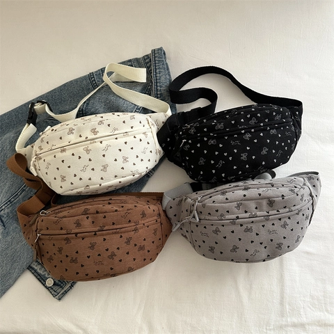 Borsa da Petto in Velluto a Coste da Donna Stampa Cuore Fiocco Marsupio Grande Capacità Minimalista Street Style Casual