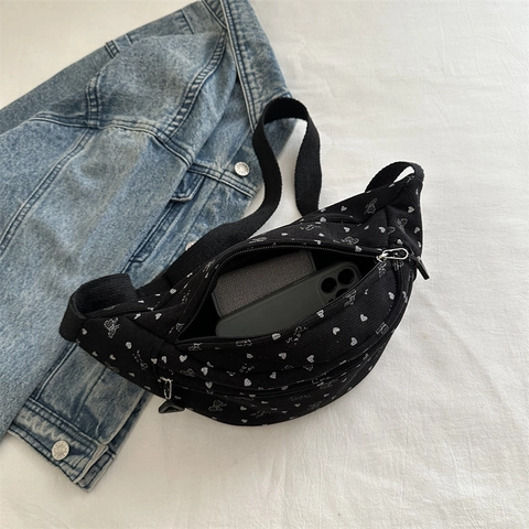 Marsupio In Velluto A Coste Stampa Cuore Fiocco Tracolla Regolabile Borsa Da Petto Casual Per Donna Stile Giapponese