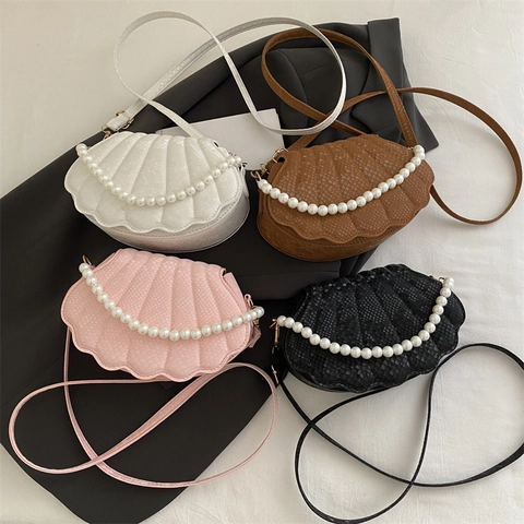 Shell Shaped Crossbody Bag PU Leather Snake Pattern With Artificial Pearl Handle Fashion Handbag For Women