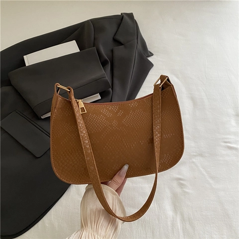 Dames Mode Slangenpatroon PU Leer Onderarmtas Minimalistische Halve Maan Schoudertas Gouden Rits Casual Handtas