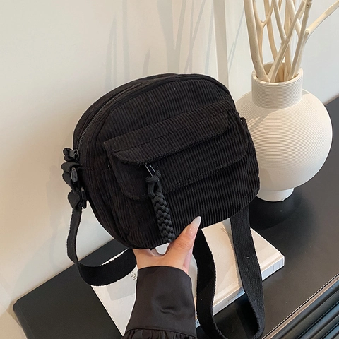 Retro Corduroy Crossbody Bag Women Harajuku Shoulder Bag Casual Square Purse With Flap Pocket And Braided Zipper Pulls