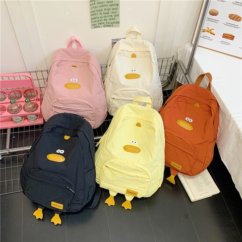 Cute Cartoon Duck Backpack Large Capacity Nylon Rucksack Korean Style For Students Teens Girls Kawaii Animal Design