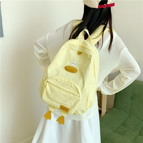Cute Cartoon Duck Backpack Large Capacity Nylon Rucksack Korean Style For Students Teens Girls Kawaii Animal Design