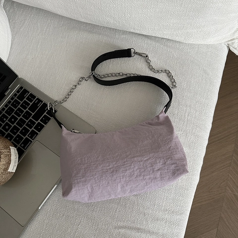 Pleated Nylon Hobo Bag For Women With Silver Metal Chain And Leather Strap Casual Simple Baguette Shoulder Bag
