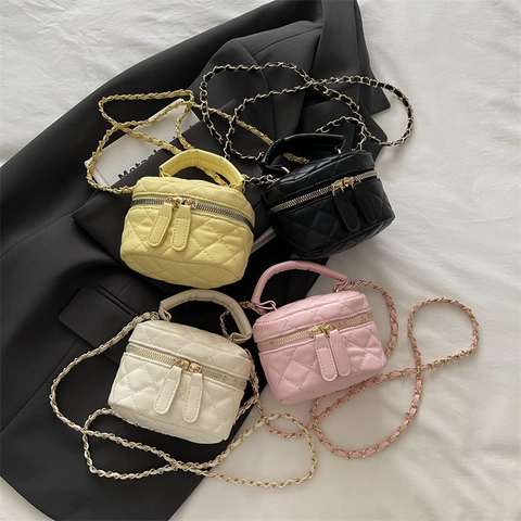 Mini Quilted Vanity Case Crossbody Bag Women PU Leather Top Handle Double Zipper Elegant French Style Box Purse Chain Strap