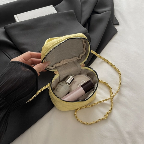 Mini Quilted Vanity Case Crossbody Bag Women PU Leather Top Handle Double Zipper Elegant French Style Box Purse Chain Strap