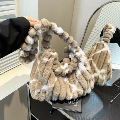 Borsa A Spalla In Peluche Ecopelliccia A Righe Grande Capacità Inverno Caldo Tote Con Tracolla A Bolle