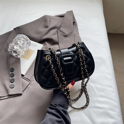 Bolso Bandolera Mujer Cuero PU Acolchado Rombo Color Contraste Correa Cadena Metal Hebilla Vintage Bolso Axila