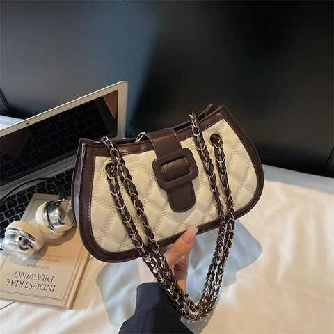 Bolso Bandolera Mujer Cuero PU Acolchado Rombo Color Contraste Correa Cadena Metal Hebilla Vintage Bolso Axila