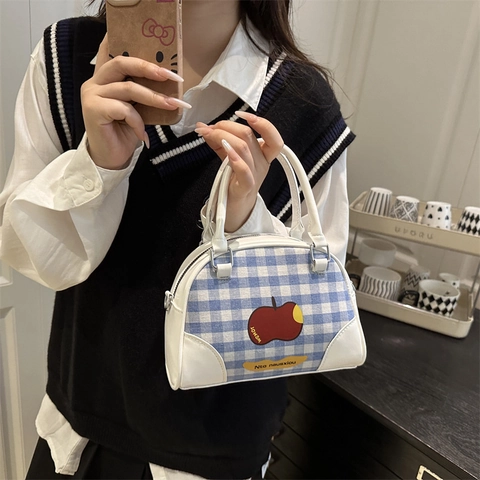 Women Crossbody Bag Plaid Gingham Pattern Cartoon Apple Print PU Leather Polyester Fabric Handbag Versatile Casual Fashion