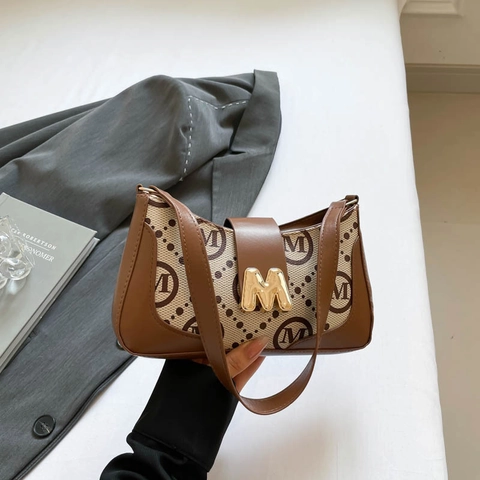 Sac Bandoulière Baguette Monogramme Vintage Patchwork Cuir PU Toile Boucle Métallique Sac Sous Les Aisselles Style Français