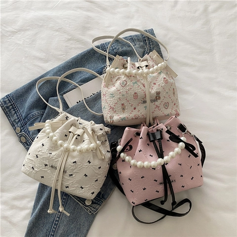Borsa A Secchiello Dolce Da Donna Manico In Perla Artificial Decorazione Fiocco Coulisse Spalla Borsa A Tracolla Mini Borsetta