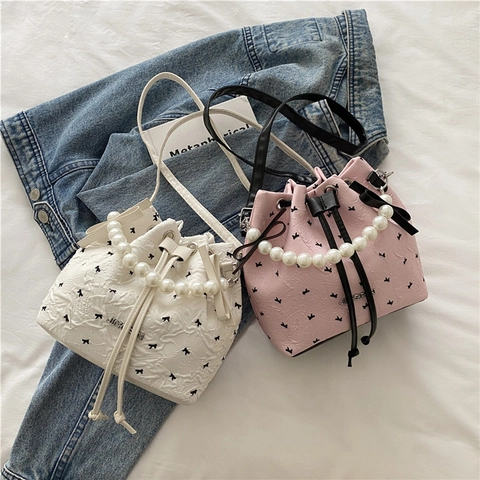 Borsa A Secchiello Dolce Da Donna Manico In Perla Artificial Decorazione Fiocco Coulisse Spalla Borsa A Tracolla Mini Borsetta
