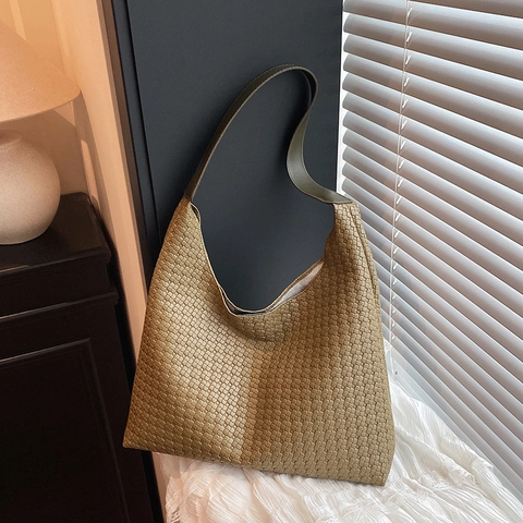 Vintage Gewebte Schultertasche Damen Große Kapazität PU Leder Pendler Hobo Unterarm Tote Handtasche Minimalistisch Retro