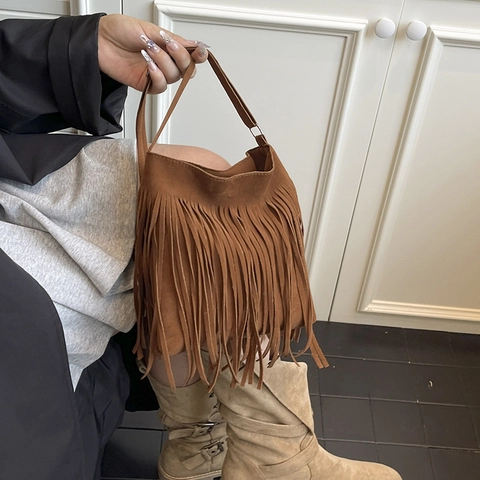 Damen Umhängetasche Aus Wildlederimitat Mit Fransen Lange Quasten Boho Retro Schultertasche Verstellbarer Riemen