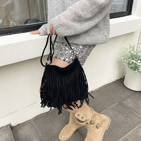 Damen Umhängetasche Aus Wildlederimitat Mit Fransen Lange Quasten Boho Retro Schultertasche Verstellbarer Riemen