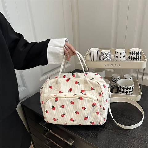 Borsa a Mano da Donna in Velluto a Coste con Stampa di Fragole Grande Borsa Termica Riutilizzabile Borsa a Tracolla Portatile per Lavoro Picnic Scuola