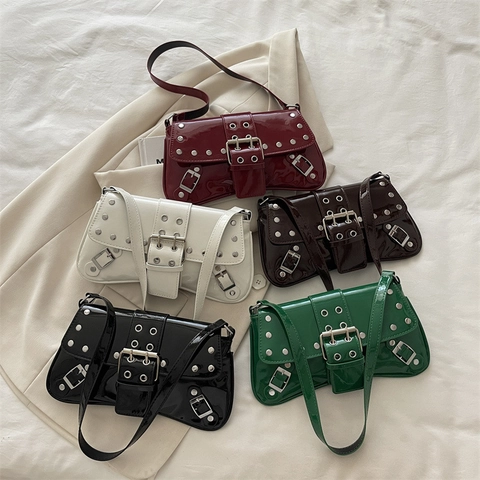 Borsa Baguette Donna Punk Rivetti Pelle Verniciata Sottobraccio Spalla Y2K Retro Grunge Moda A Mano Fibbia Grande