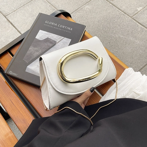 Borsa Tracolla Pelle PU Con Grande Manico Metallo Dorato E Catena Borsa Sera Lucida Donne