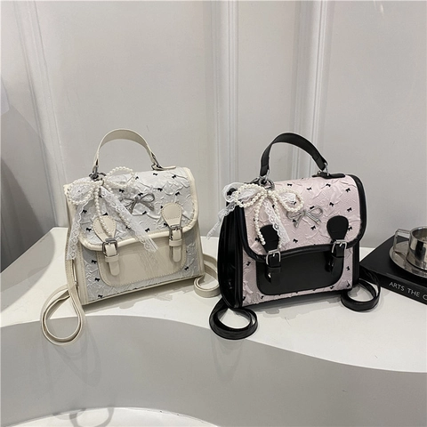 Mini Zaino Da Donna Borsa A Mano Pelle PU Pizzo Fiocco Perla Artificial Ciondolo Dolce Stile Lolita College