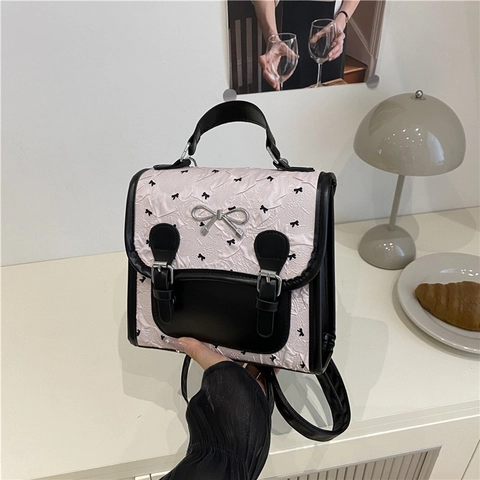 Mini Zaino Da Donna Borsa A Mano Pelle PU Pizzo Fiocco Perla Artificial Ciondolo Dolce Stile Lolita College