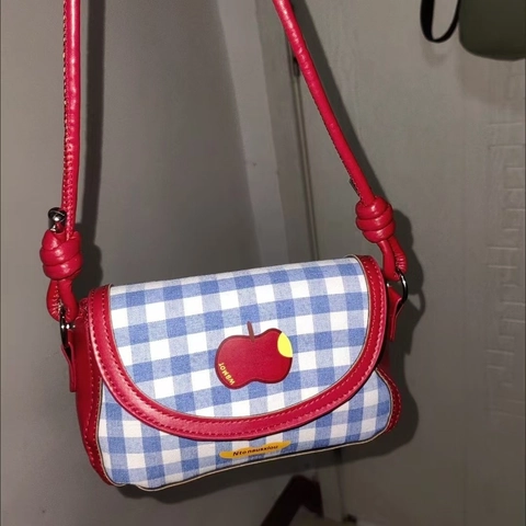 Borsa Sottobraccio A Quadretti Gingham Pelle PU Tela Toppa Mela Rossa Piccola Borsa A Tracolla Quadrata Con Tracolla A Nodo