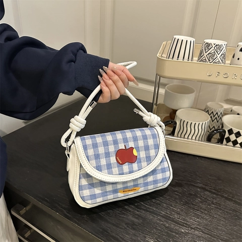 Borsa Sottobraccio A Quadretti Gingham Pelle PU Tela Toppa Mela Rossa Piccola Borsa A Tracolla Quadrata Con Tracolla A Nodo