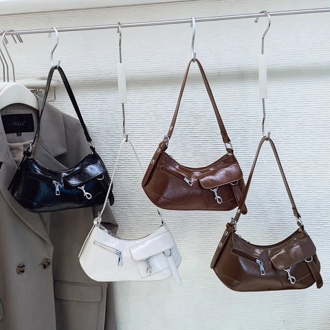 Bolso Hobo De Axila De Cuero PU Brillante Vintage Para Mujer Estilo Motocicleta Y2K Bolso De Hombro Creciente Moda