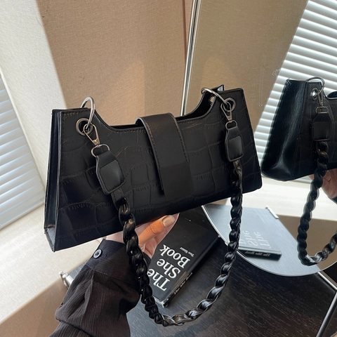 Bolso De Axila Con Patrón De Cocodrilo Para Mujer Retro Bolso De Hombro De Cuero PU Con Correa Trenzada Negro Solapa