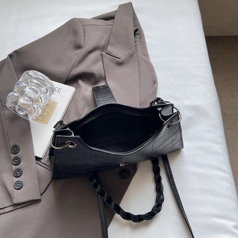 Bolso De Axila Con Patrón De Cocodrilo Para Mujer Retro Bolso De Hombro De Cuero PU Con Correa Trenzada Negro Solapa