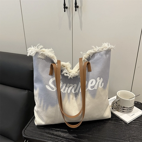 Borsa Tote In Tela Grande Capacità Sfumata Stampa Summer Bordi Sfilacciati Cinghie In Pelle Casual Viaggio Spiaggia