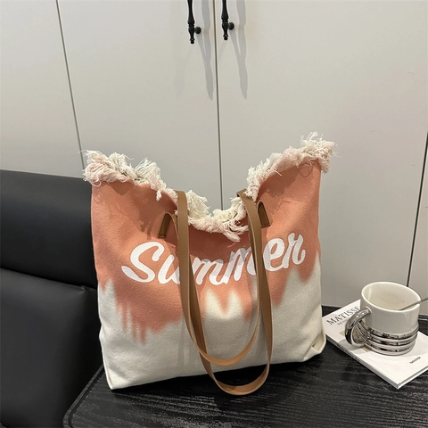 Borsa Tote In Tela Grande Capacità Sfumata Stampa Summer Bordi Sfilacciati Cinghie In Pelle Casual Viaggio Spiaggia