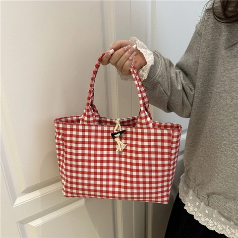 Borsa Tote A Quadretti Gingham Tessuto Nylon Borsa A Mano Chiusura Con Bottone Casual Spalla Per Donne